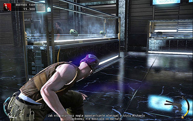 If you have to avoid being spotted or exposed, then I recommend using glass cases in the lobby as covers, jumping between adjacent cases, thus shortening the time of being exposed - Factory Compound - Accessing the elevator in lobby | 11: Dexter Industries - 11: Dexter Industries - Hitman: Absolution Game Guide