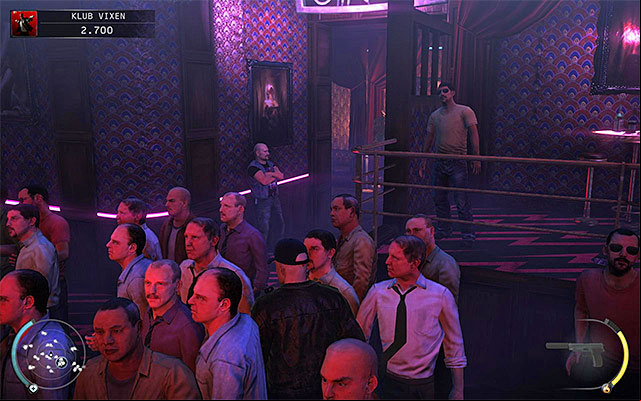 The first opportunity to silently eliminate Dom appears after he meets with one of dancers - The Vixen Club - Killing Dom Osmond | 5: Hunter and Hunted - 5: Hunter and Hunted - Hitman: Absolution Game Guide