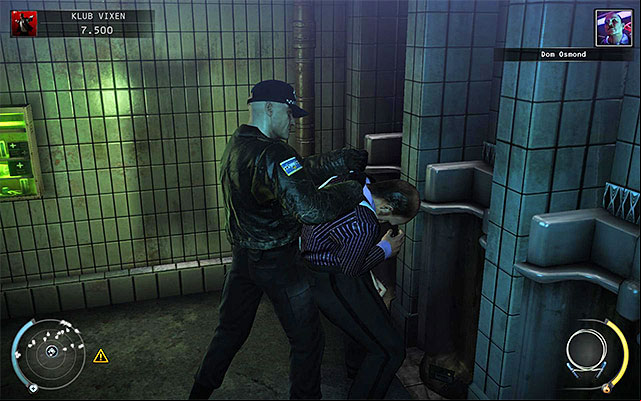 Wait until Dom appears in the toilet and attack him by a surprise - The Vixen Club - Killing Dom Osmond | 5: Hunter and Hunted - 5: Hunter and Hunted - Hitman: Absolution Game Guide
