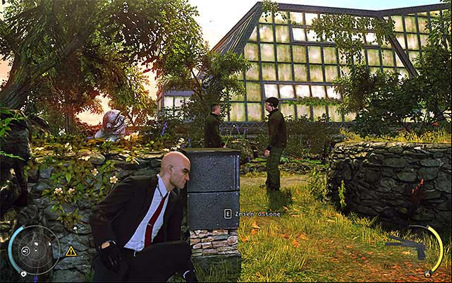 Wait until the guard goes away and go left - Gardens | 1: Personal Contract - 1: Personal Contract - Hitman: Absolution Game Guide