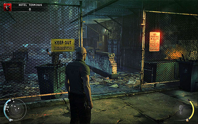In addition to the hotel, you should also get interested in an alley shown on the above screen - Terminus Hotel - Exploring the ground floor and side alleys | 3: Terminus - 3: Terminus - Hitman: Absolution Game Guide