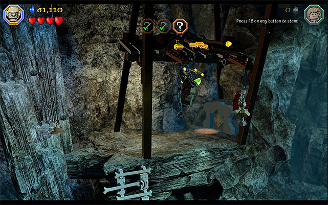 The next thing to do is grab the two chains shown in the above screenshot (each of the characters need to grab one chain) - Stage 7 (Goblin-town): Gollums puzzles | Walkthrough | LEGO The Hobbit - Walkthrough - LEGO The Hobbit Game Guide & Walkthrough