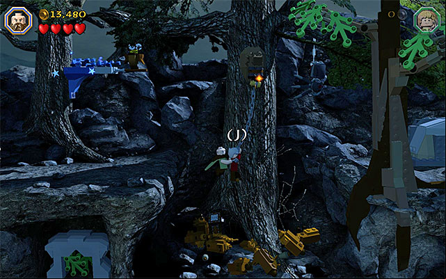 You need to leap towards Dori swinging on the chain - Stage 8 (Out of the Frying Pan...): Escape the orcs | Walkthrough - Walkthrough - LEGO The Hobbit Game Guide & Walkthrough