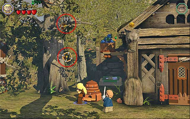 You need to use the bow and then, as an elf, grab the arrows stuck into the tree - Stage 9 (Queer Lodgings) | Main Stages - Collectibles - Main Stages - Collectibles - LEGO The Hobbit Game Guide & Walkthrough