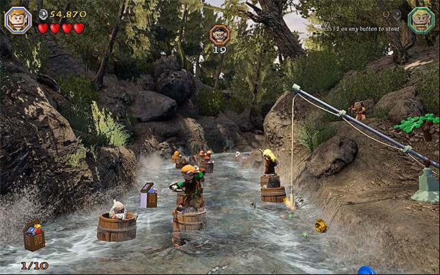 Steer into the minikit above the river to obtain it - Stage 11 (Barrels Out of Bond) | Main Stages - Collectibles - Main Stages - Collectibles - LEGO The Hobbit Game Guide & Walkthrough