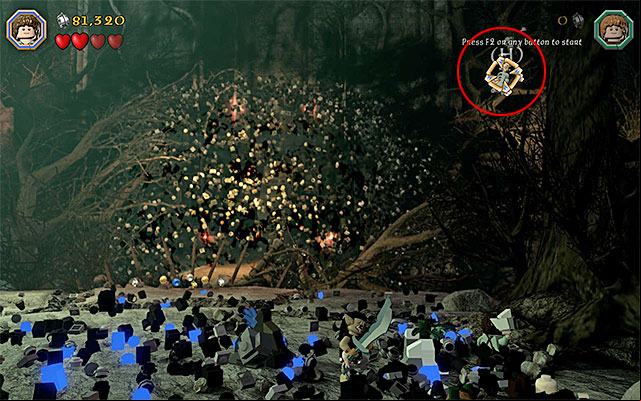 Wait for Sauron to finish one of his attacks, pick up the brick that you dug up and throw it at the skeleton on the right, shown in the above screenshot - Stage 14 (The Necromancer) | Main Stages - Collectibles - Main Stages - Collectibles - LEGO The Hobbit Game Guide & Walkthrough