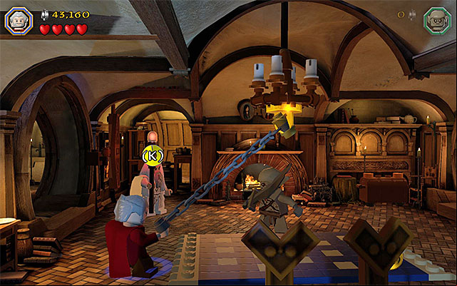 Use the flail to make the chandelier fall down and use the spade - Stage 2 (An Unexpected Party) | Main Stages - Collectibles - Main Stages - Collectibles - LEGO The Hobbit Game Guide & Walkthrough