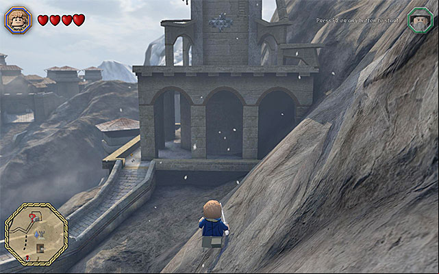 The second variant assumes that you climb the short tower shown in the above screenshot, within close range of the marker for the bonus level (to the South-East of it) - Bonus level | Middle Earth - Mithril LEGO bricks - Middle Earth - Mithril LEGO bricks - LEGO The Hobbit Game Guide & Walkthrough
