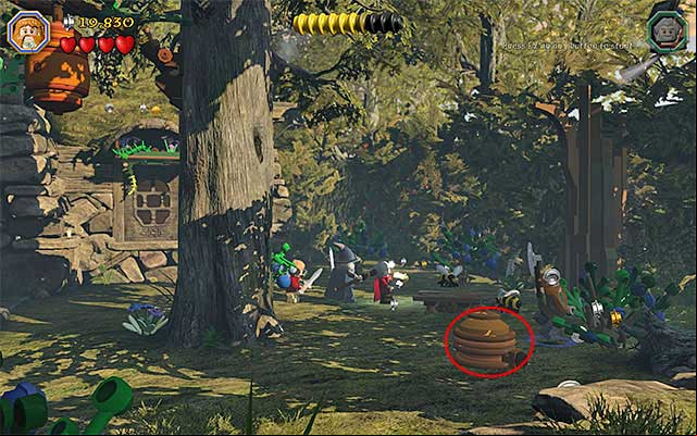 First of all, explore the region of the cabin and destroy all of the interactive objects (you do not need to hurry with finding the key) - Stage 9 (Queer Lodgings): The cabin in the woods | Walkthrough | LEGO The Hobbit - Walkthrough - LEGO The Hobbit Game Guide & Walkthrough