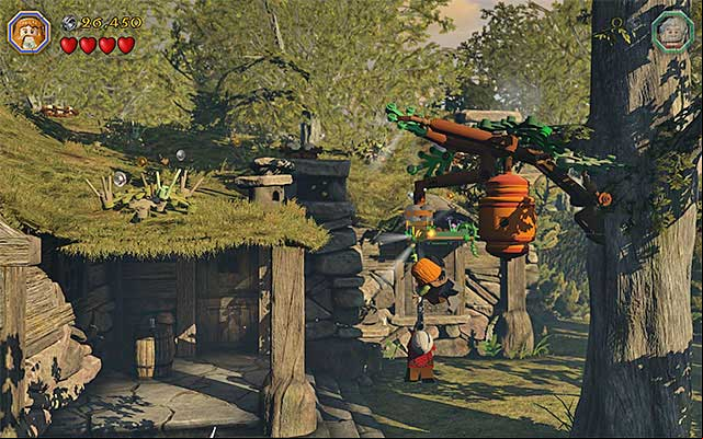 You now need to catch on to the grip, as Dori, and jump towards that dwarf as any other character. - Stage 9 (Queer Lodgings): The cabin in the woods | Walkthrough | LEGO The Hobbit - Walkthrough - LEGO The Hobbit Game Guide & Walkthrough