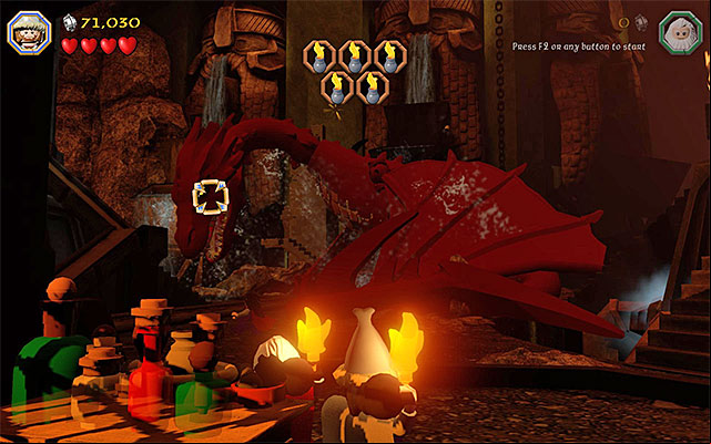 Wait until Smaug is targeted and throw - Stage 16 (Inside Information): Defeat Smaug | Walkthrough - Walkthrough - LEGO The Hobbit Game Guide & Walkthrough