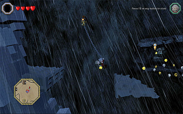 You can reach to the golden catch as Dori and leap towards him as the goblin - White question marks - walkthroughs for quests 61-80 | Middle Earth - Side missions - Middle Earth - Side missions - LEGO The Hobbit Game Guide & Walkthrough