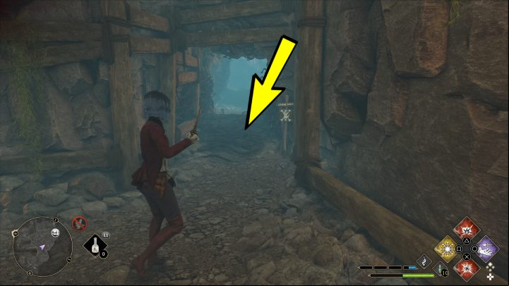 Go through the hole in the rock, go straight ahead and turn right - Hogwarts Legacy: Hogsmeade Valley - Collection Chests - Collection Chests - Hogwarts Legacy Guide