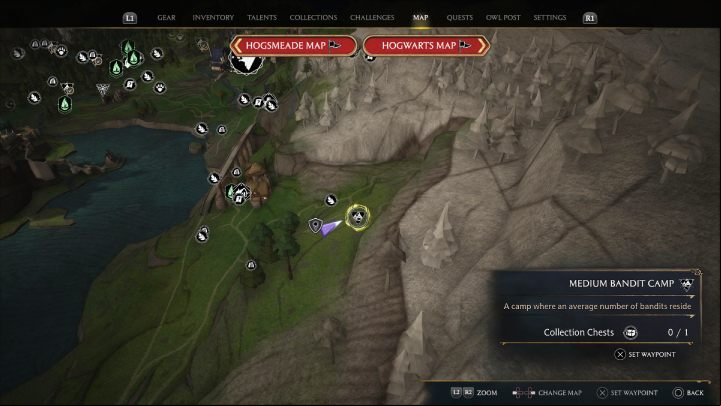 The last chest from this region is under a wooden platform in the bandit camp near the Aranshire village - Hogwarts Legacy: South Hogwarts Region - Collection Chests - Collection Chests - Hogwarts Legacy Guide