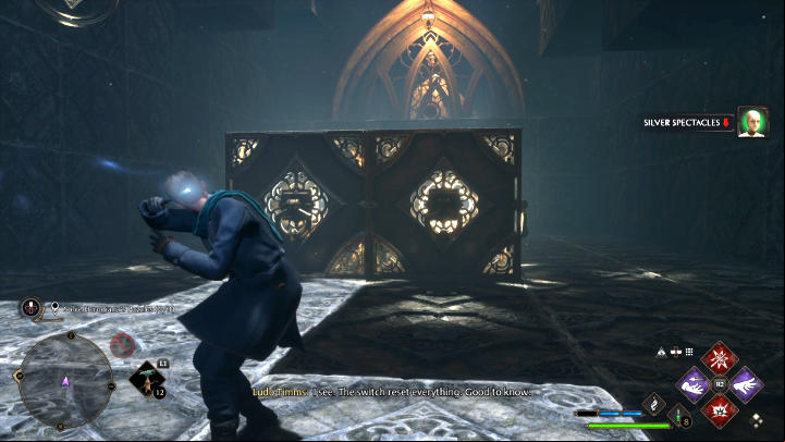 Reset the puzzle by shooting the suspended glowing element on the left - Hogwarts Legacy: The Hall of Herodiana - Hogwarts - Hogwarts Legacy Guide