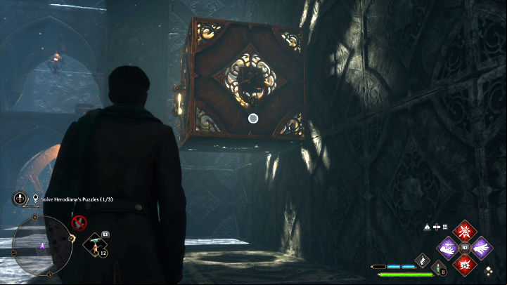 Start by using Depulso on the element shown in the screenshot above to push it toward the entrance - Hogwarts Legacy: The Hall of Herodiana - Hogwarts - Hogwarts Legacy Guide