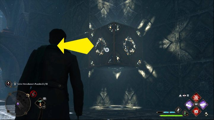 Turn towards the levitating element and use Accio to move it to the other side of the room - Hogwarts Legacy: The Hall of Herodiana - Hogwarts - Hogwarts Legacy Guide