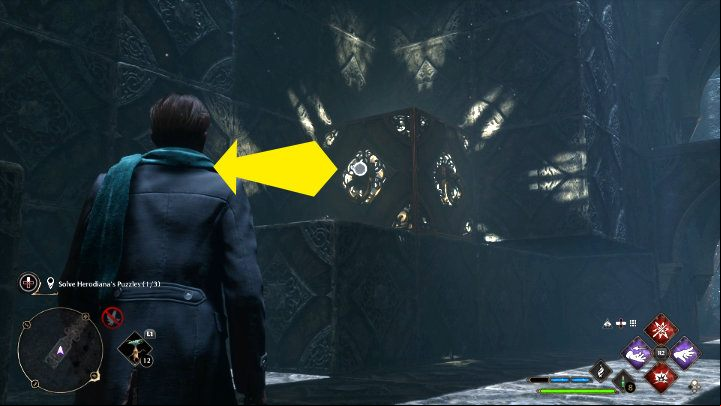 Use Accio on the same element again to move it to the other side of the room and make it connect with the second element - Hogwarts Legacy: The Hall of Herodiana - Hogwarts - Hogwarts Legacy Guide