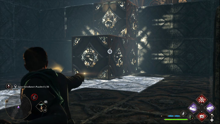 Place yourself more or less in the area shown in the screenshot above and use Accio to send all elements toward the entrance to the chamber - Hogwarts Legacy: The Hall of Herodiana - Hogwarts - Hogwarts Legacy Guide