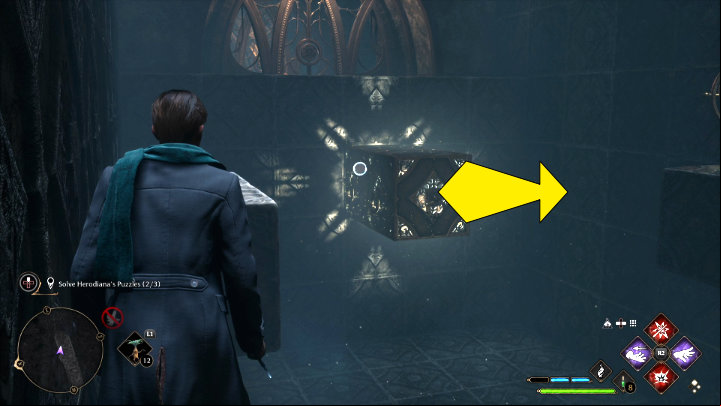 Place yourself more or less in the area shown in the screenshot above and use Depulso to move the element to the wall on the right - Hogwarts Legacy: The Hall of Herodiana - Hogwarts - Hogwarts Legacy Guide