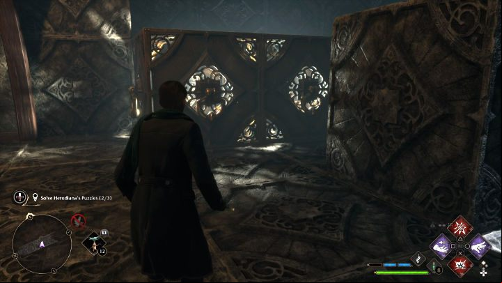 Place yourself in such a way to be able to push the element (Depulso) to the opposite wall (to the chest) - Hogwarts Legacy: The Hall of Herodiana - Hogwarts - Hogwarts Legacy Guide