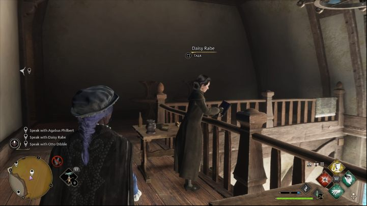You can meet Daisy Rabe on the top floor of The Three Broomsticks inn - Hogwarts Legacy: A Basis for Blackmail - Relationship quests - Natty - Hogwarts Legacy Guide