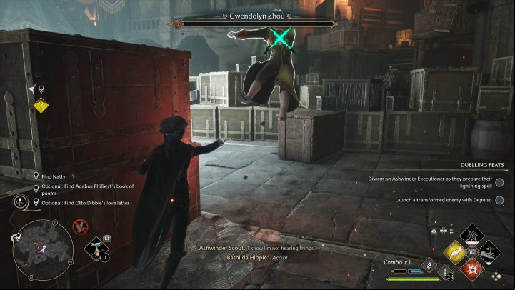 Follow the corridor and go down to the lower level of the hideout - Hogwarts Legacy: A Basis for Blackmail - Relationship quests - Natty - Hogwarts Legacy Guide