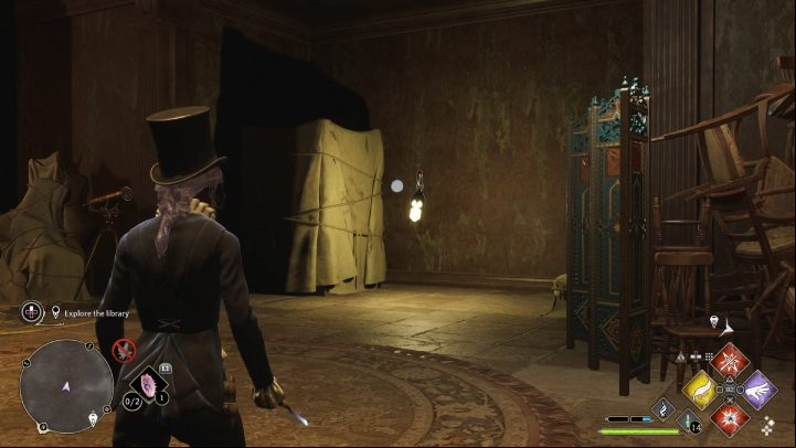 There is a lantern next to the wardrobe wrapped in a sheet - Hogwarts Legacy: How to explore the library in the Minding Your Own Business quest? - Combat and exploration - Hogwarts Legacy Guide
