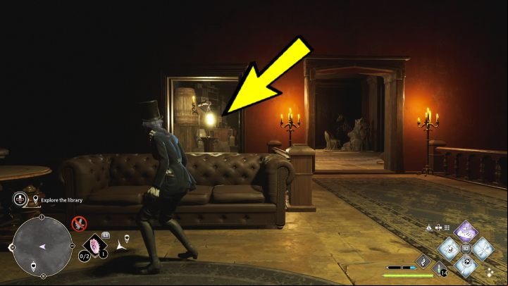 Go through the door, stop by the sofa and turn around - Hogwarts Legacy: How to explore the library in the Minding Your Own Business quest? - Combat and exploration - Hogwarts Legacy Guide