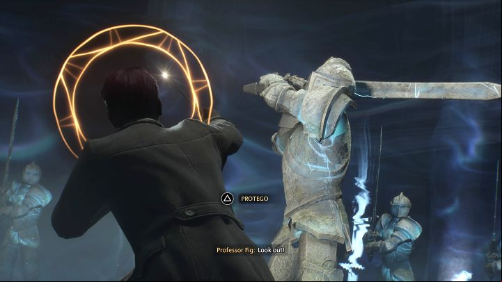 The guard will become aggressive, and you receive access to Protego - this spell is used as a block and you have to cast it when a circle appears above the hero's head - Hogwarts Legacy: The Path to Hogwarts - Main quests - Hogwarts Legacy Guide