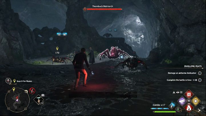 The two heroes are attacked by spiders, with additional opponents coming in waves - Hogwarts Legacy: In the Shadow of the Mountain - Main quests - Hogwarts Legacy Guide