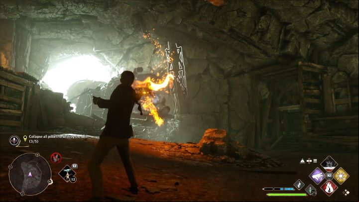 Once the area is cleared, destroy the 5 pillars that the roof of this cave to destroy Ranrok's drill - Hogwarts Legacy: Lodgoks Loyalty - Main quests - Hogwarts Legacy Guide
