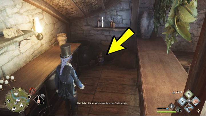 The collectible is behind the counter - Hogwarts Legacy: Demiguise Statues - The Highlands - Highlands - Hogwarts Legacy Guide