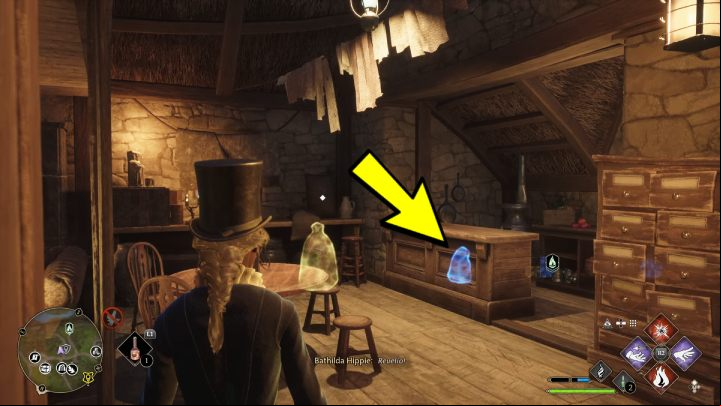 The collectible is on the floor behind the counter - Hogwarts Legacy: Demiguise Statues - The Highlands - Highlands - Hogwarts Legacy Guide