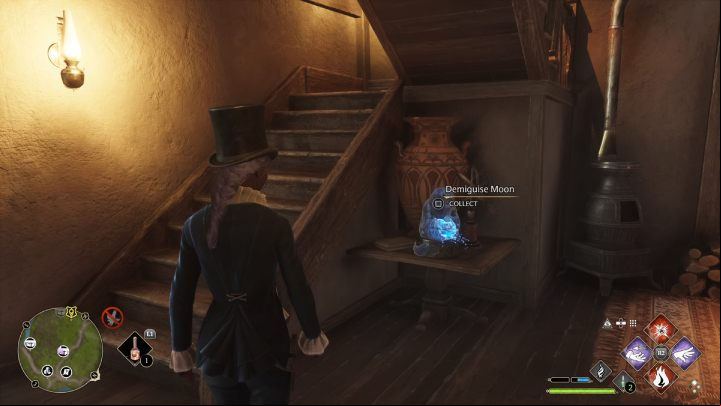The collectible is on the table next to the stairs - Hogwarts Legacy: Demiguise Statues - The Highlands - Highlands - Hogwarts Legacy Guide