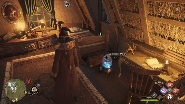 Once you find yourself inside, climb the stairs to the upper floor - the collectible is on the floor next to the desk - Hogwarts Legacy: Demiguise Statues - The Highlands - Highlands - Hogwarts Legacy Guide