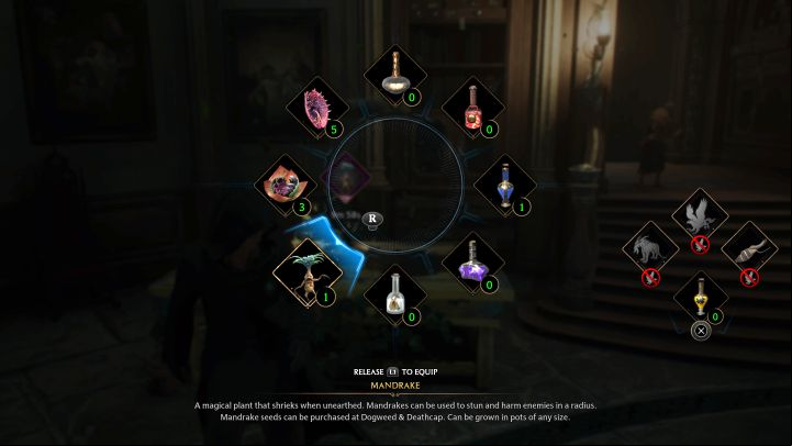 After obtaining 1 Mandrake, open the tool wheel (L1/LB) - Hogwarts Legacy: Professor Garlicks Assignment 1 - Assignment - Hogwarts Legacy Guide