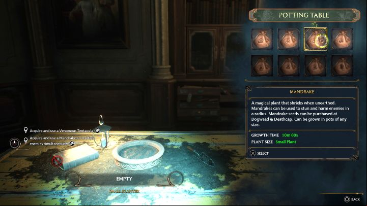 Return to the Room of Requirement and use the Potting Table with a Small Pot - Hogwarts Legacy: Professor Garlicks Assignment 1 - Assignment - Hogwarts Legacy Guide