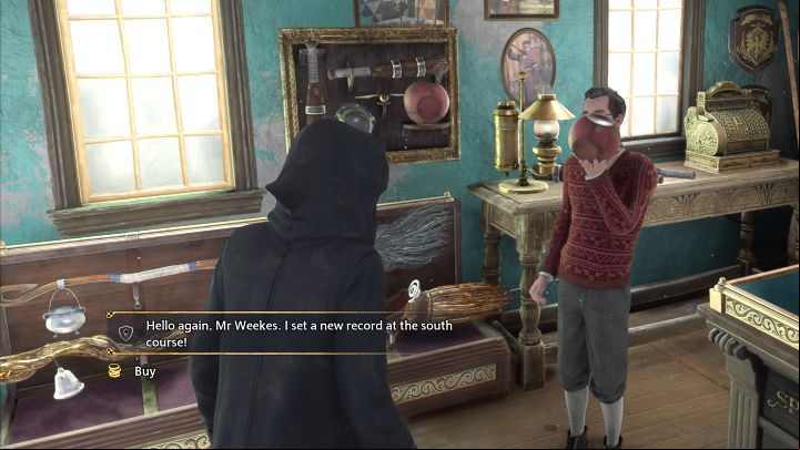 Return to the broom shop in Hogsmeade to share your flight experience with Weekes (first dialogue option) - Hogwarts Legacy: The Sky is the Limit - Hogsmeade - Hogwarts Legacy Guide