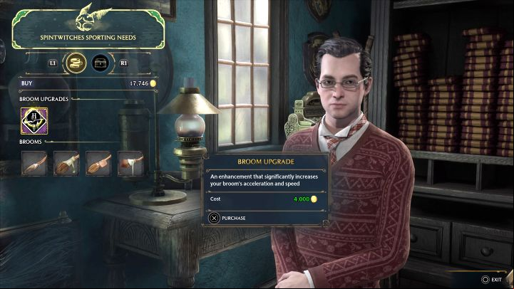 Open the trade window and purchase the second broom upgrade for 4000 gold - Hogwarts Legacy: The Sky is the Limit - Hogsmeade - Hogwarts Legacy Guide
