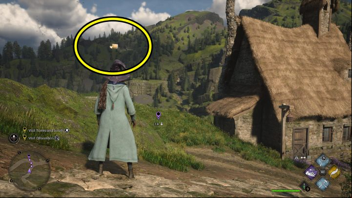 Next Flying Guide Page #15 (Hogsmeade) is at a small hut near the water wheel in the northern part of the village - Hogwarts Legacy: Field Guide Pages Part 2 - Hogsmeade - Hogsmeade - Hogwarts Legacy Guide