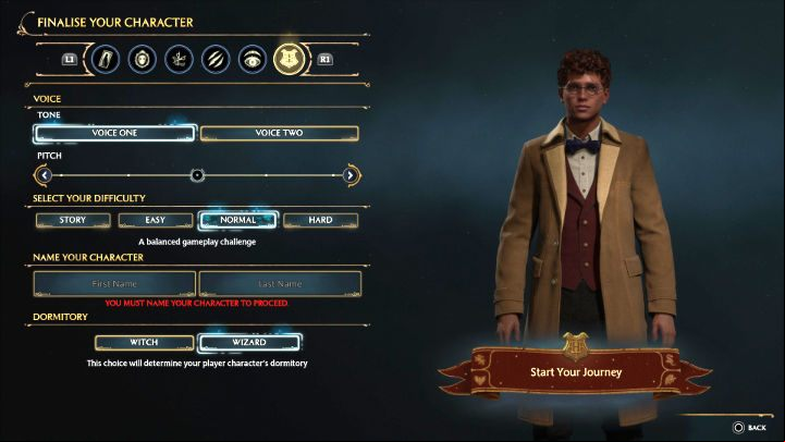 The final step of the character creation process is naming your hero, choosing their gender, voice (female or male), and tone - with so many options, you'll surely be able to make the character even more unique - Hogwarts Legacy: Character Creator - Character development - Hogwarts Legacy Guide