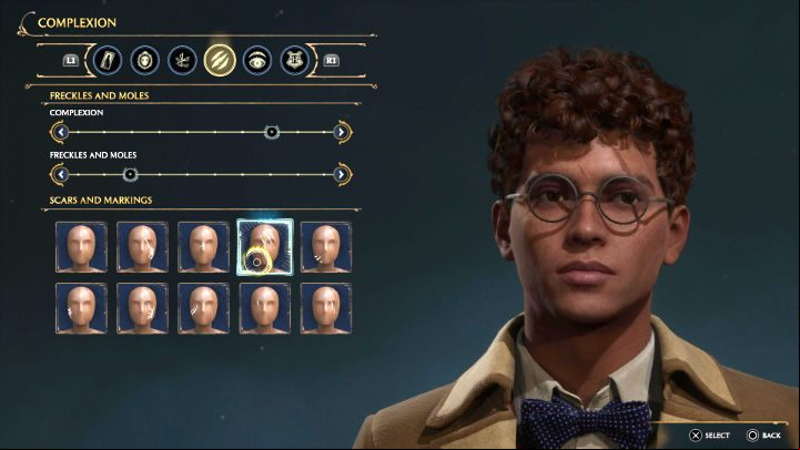The complexion tab of Hogwarts Legacy character wizard allows adjusting complexion, and adding freckles and moles, as well as scars and birthmarks (various shapes, either for the left or right side of the face) - Hogwarts Legacy: Character Creator - Character development - Hogwarts Legacy Guide