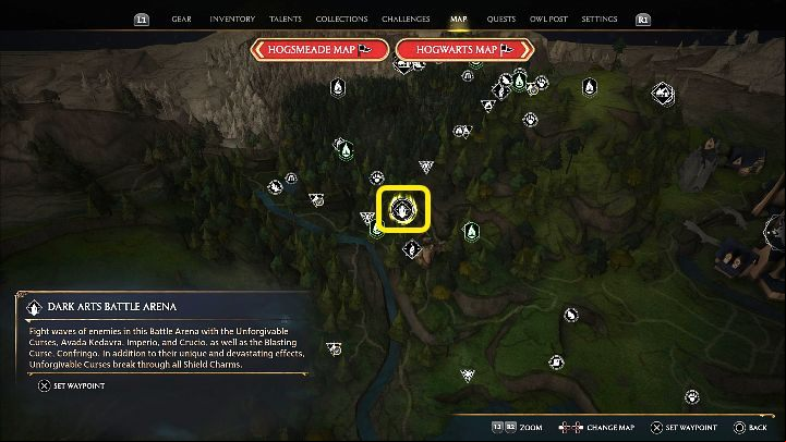 The entrance to the Dark Arts Battle Arena can be found in the Forbidden Forest, in the place marked in the picture above - Hogwarts Legacy: What is the Dark Arts Battle Arena? - Combat and exploration - Hogwarts Legacy Guide