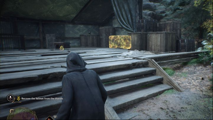 Search the area marked in purple on your minimap - the helmet is in a chest in the large tent - Hogwarts Legacy: The Helm of Urtkot - Main quests - Hogwarts Legacy Guide