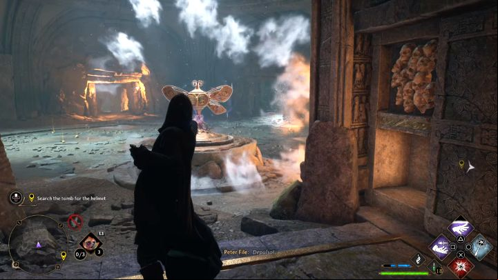 Stand on the moving platform and use the Depulso to reach the top - Hogwarts Legacy: The Helm of Urtkot - Main quests - Hogwarts Legacy Guide