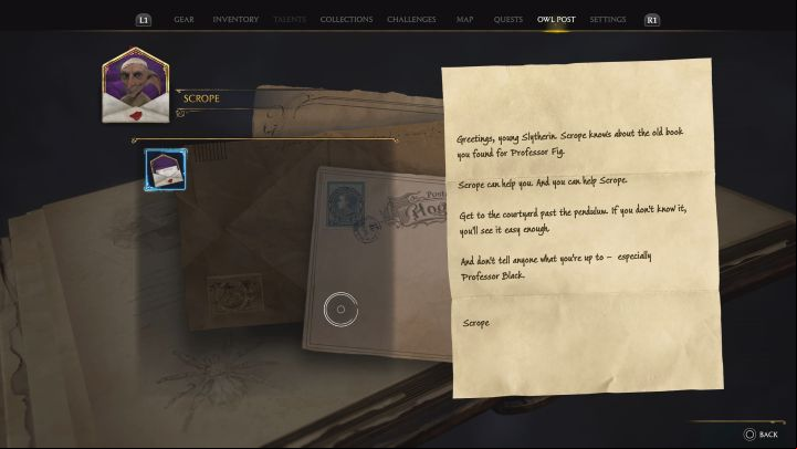 Start by completing the Trials of Merlin main quest where Nora Treadwell asks for help in solving the first puzzle - Hogwarts Legacy: Scropes Last Hope - Slytherin quest - Main quests - Hogwarts Legacy Guide