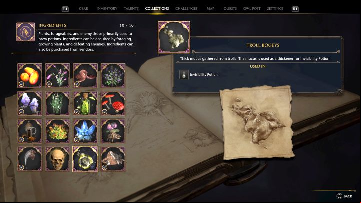 Troll Bogeys are one of the Ingredients used in crafting - Hogwarts Legacy: How to get Troll Bogeys? - Combat and exploration - Hogwarts Legacy Guide