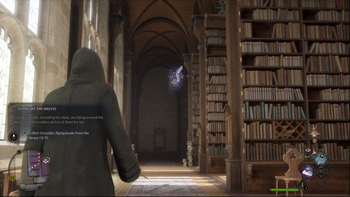 Use the com to locate the entrance to the two-story library - you can use the spiral staircase to travel between its floors - Hogwarts Legacy: Flying Off the Shelves - Hogwarts - Hogwarts Legacy Guide