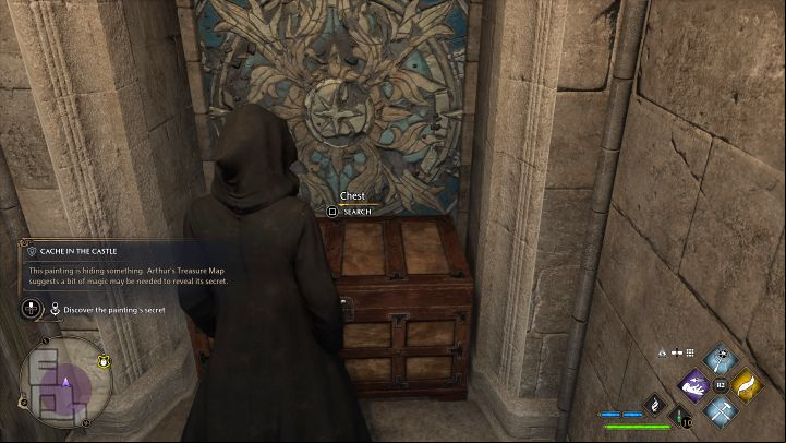 Use the Accio spell on the painting - you will uncover the cache on it - Hogwarts Legacy: Cache in the Castle - Hogwarts - Hogwarts Legacy Guide